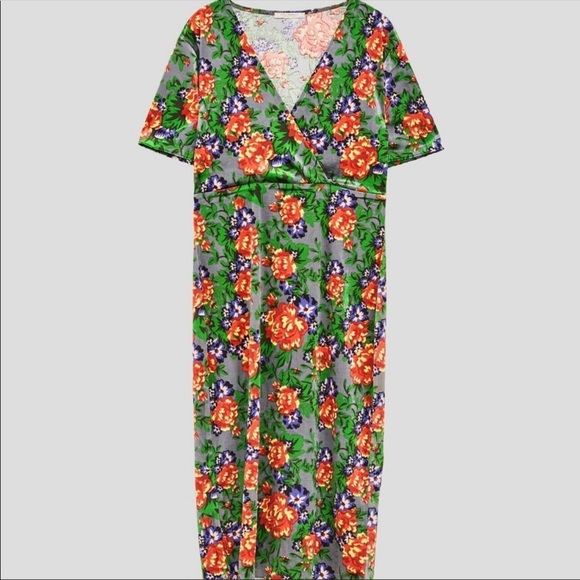 Zara Floral Short Sleeve Velvet Midi Bodycon Dress - Picture 2 of 8